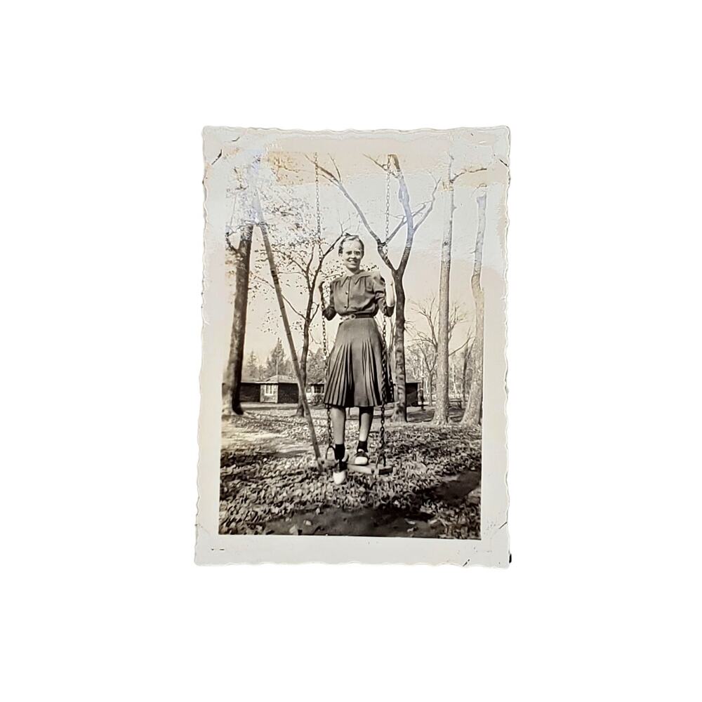 Vtg Lady Posing on Swing at Park Original Monochrome Photography Found Snapshot